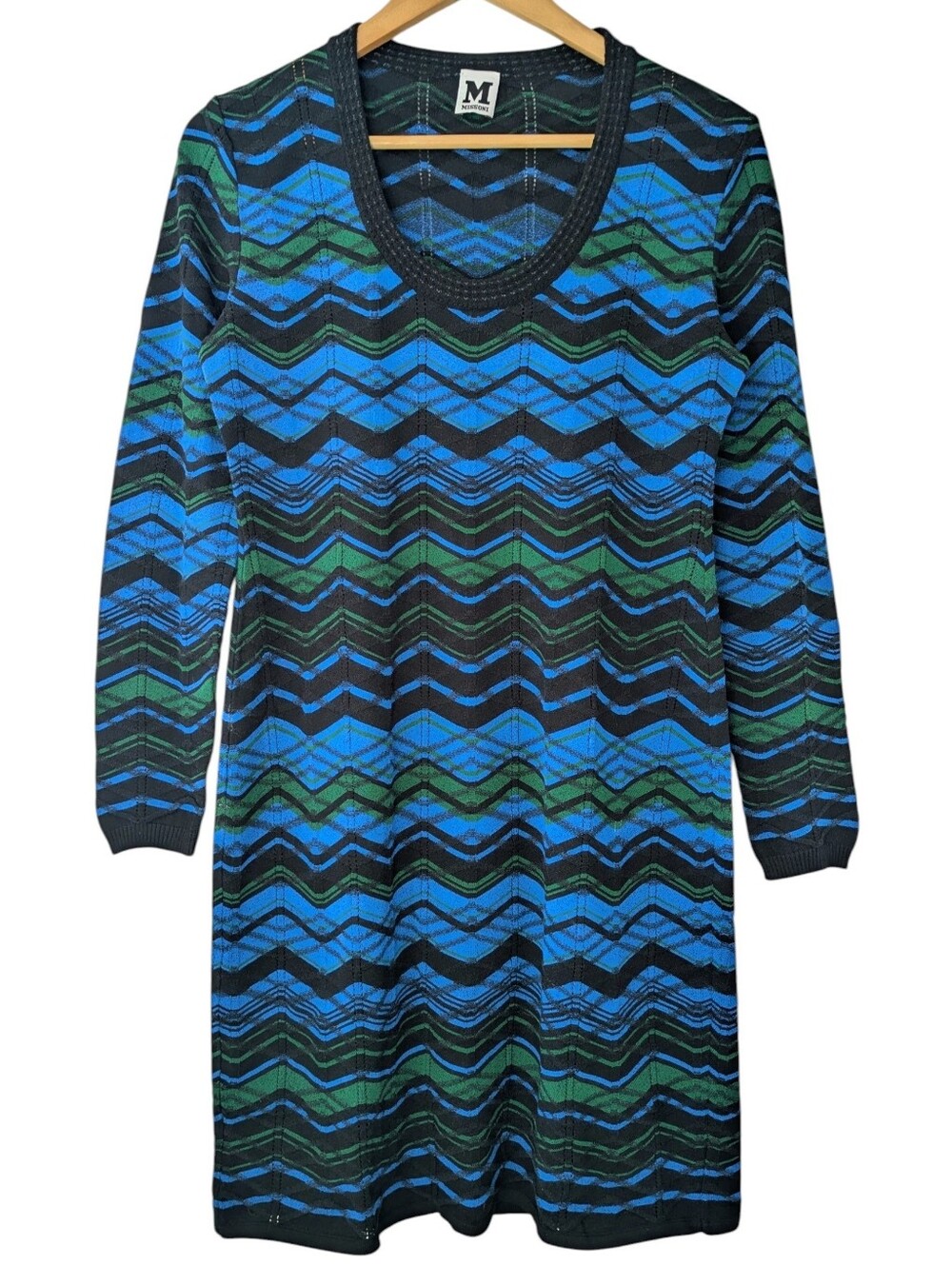 M by Missoni Blue & Green Zigzag Stripe Midi Long Sleeve Dress